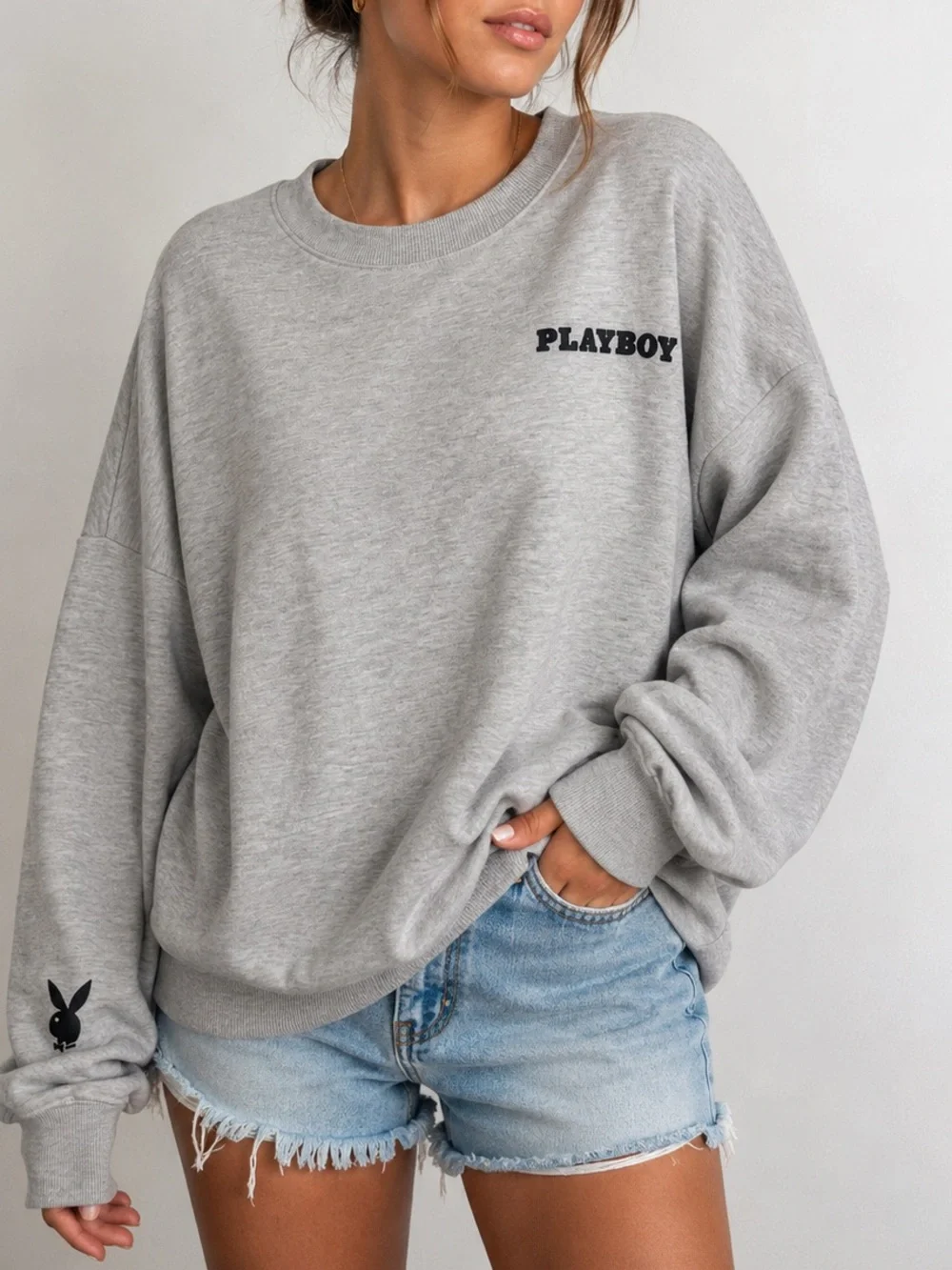 PLAYBOY Gray Crewneck Sweatshirt with Black Logo - Picture 1 of 6